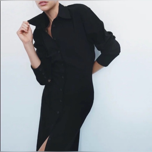 Zara Black Button-Up Midi Shirt Dress SZ Medium Goth Steampunk NWT - Picture 4 of 10